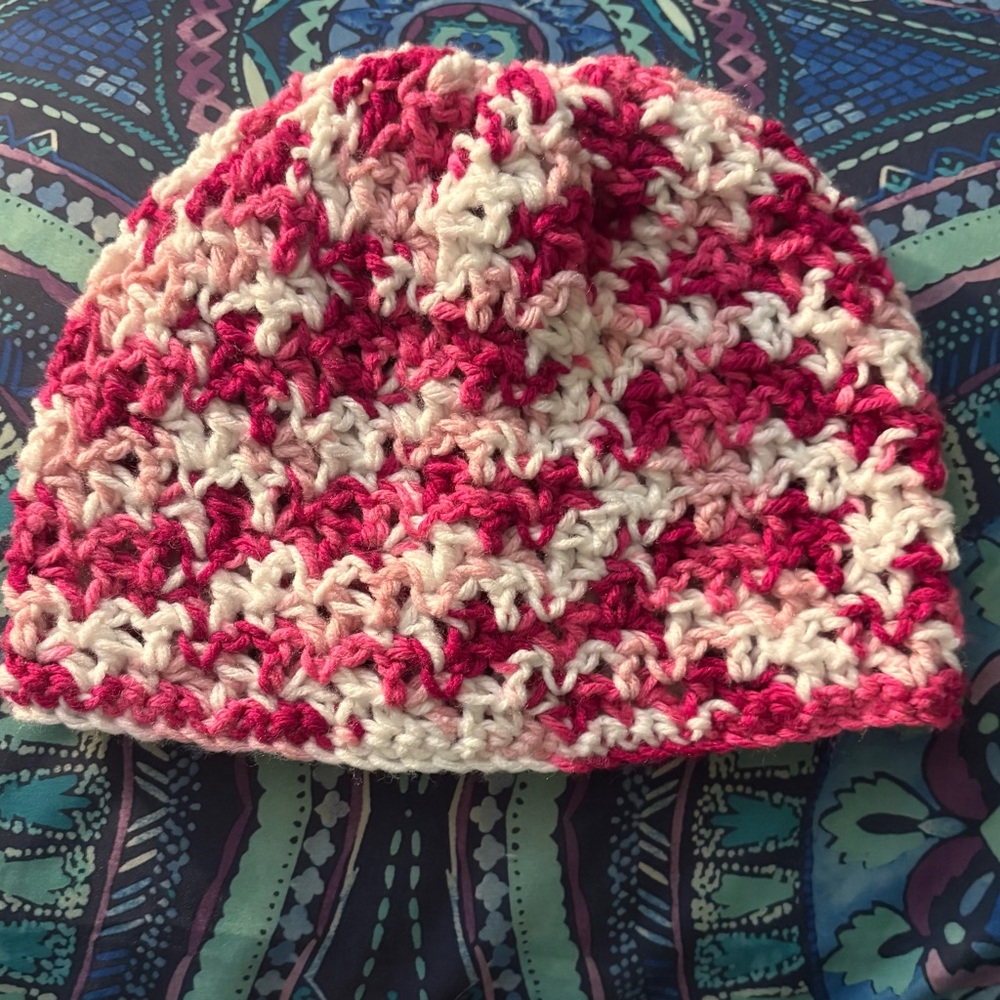 Crochet Pink and Cream Beanie